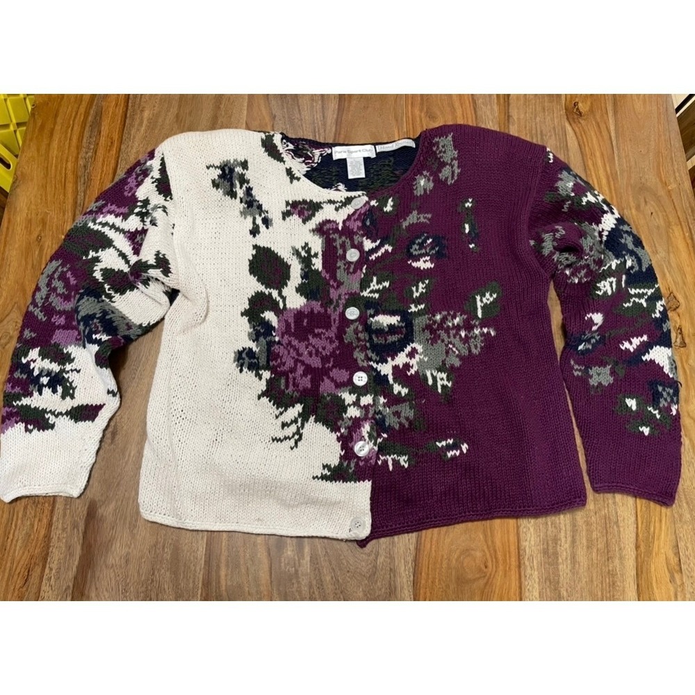 Paris Sport Club Cardigan Floral Hand‎ Knit Large Purple Colorblock Vintage